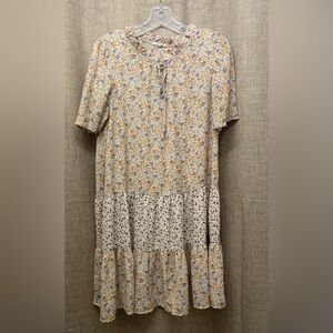 Easel Floral and Polka Dot Dress - Cream and Blue